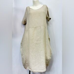 Puro Lino 100% Made In Italy Tan Khaki Linen Dress